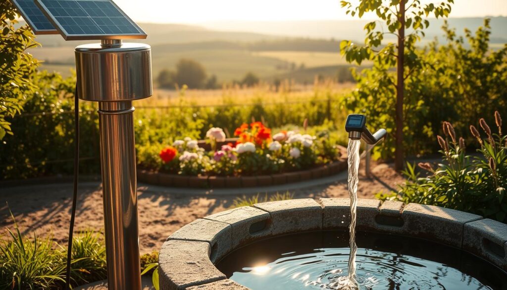 A solar-powered water pump, standing tall and proud in a lush, verdant garden. The sun's rays reflect off the polished metal housing, casting a warm, golden glow. In the foreground, a deep, clear well invites closer inspection, its waters shimmering with gentle movement. The middle ground features a neatly tended flowerbed, adding a splash of vibrant color to the scene. In the background, a tranquil countryside landscape unfolds, with rolling hills and a distant horizon. The overall atmosphere is one of sustainability, efficiency, and a harmonious blend of nature and technology.