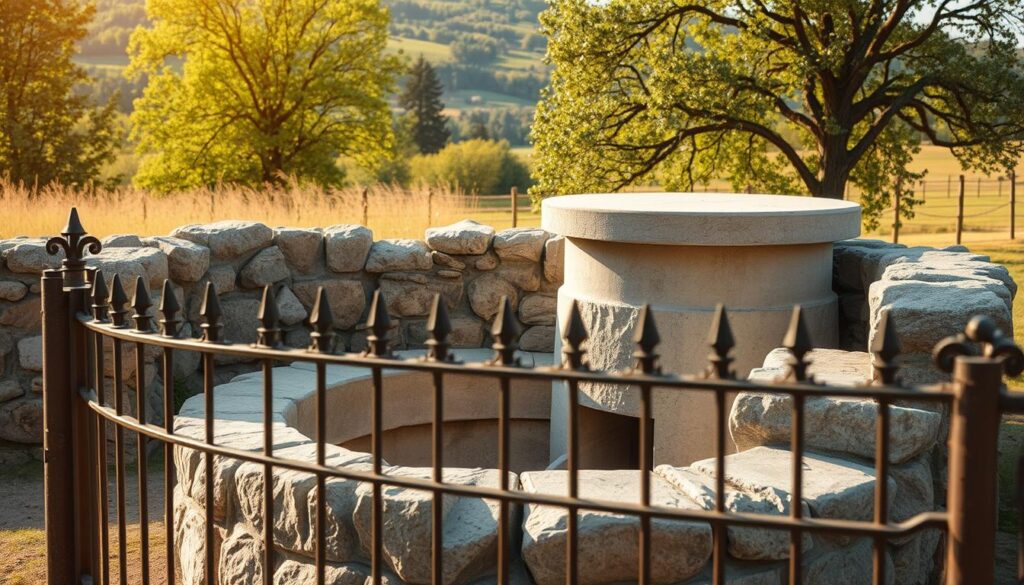 A sturdy, well-constructed water well secured with a reinforced concrete cap, surrounded by a meticulously crafted stone wall. The warm, golden light of the sun casts a soft glow over the scene, highlighting the rugged yet elegant design. In the foreground, thick, wrought-iron bars form a protective barrier, while the middle ground features a solid, reinforced concrete structure with a recessed entryway. The background is dominated by a lush, verdant landscape, with towering trees and a picturesque countryside setting. The overall mood is one of safety, durability, and harmonious integration with the natural environment.