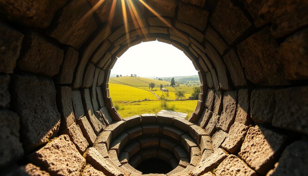 A sunlit well with intricate stone rings, its ancient structure rising from a lush, verdant landscape. The foreground depicts the well's mouth, the weathered rings casting dramatic shadows. The middle ground showcases the well's depth, with light filtering down the shaft, illuminating the concentric rings. In the background, a tranquil pastoral scene unfolds, rolling hills dotted with trees and a clear sky above, creating a sense of timeless serenity. The lighting is natural and atmospheric, casting a warm, golden glow across the scene. The camera angle is positioned to showcase the well's impressive craftsmanship and the harmony between the man-made structure and the surrounding natural environment. A sunlit well with intricate stone rings, its ancient structure rising from a lush, verdant landscape. The foreground depicts the well's mouth, the weathered rings casting dramatic shadows. The middle ground showcases the well's depth, with light filtering down the shaft, illuminating the concentric rings. In the background, a tranquil pastoral scene unfolds, rolling hills dotted with trees and a clear sky above, creating a sense of timeless serenity. The lighting is natural and atmospheric, casting a warm, golden glow across the scene. The camera angle is positioned to showcase the well's impressive craftsmanship and the harmony between the man-made structure and the surrounding natural environment.