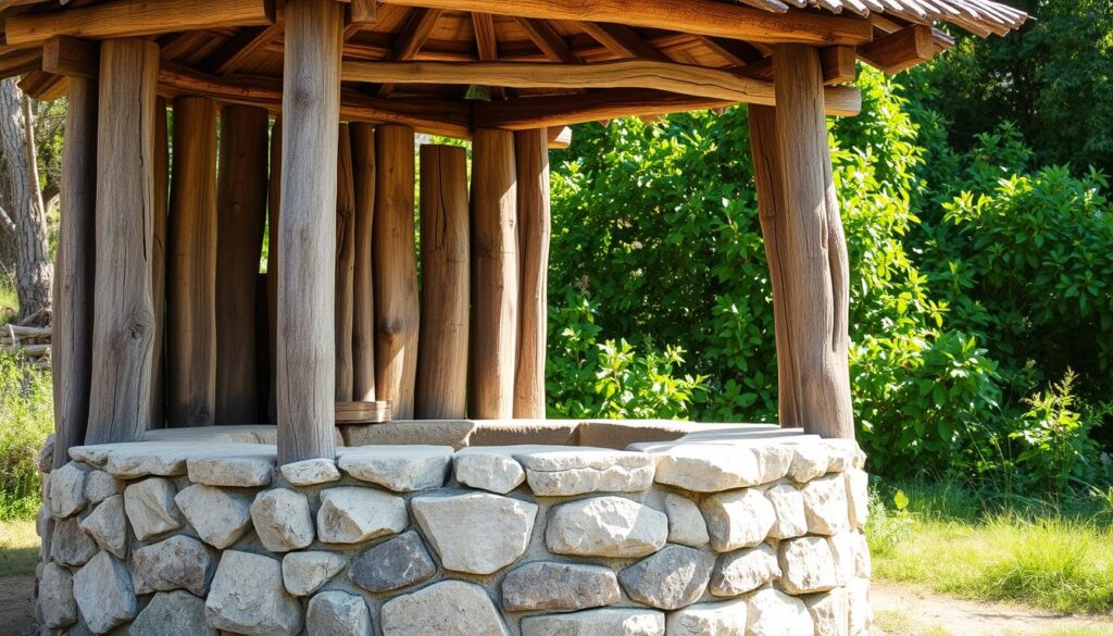 A weathered wooden frame, its planks worn and aged, standing tall against a backdrop of lush greenery. Sunlight filters through the gaps, casting a warm glow over the sturdy construction. Rough-hewn stones and mortar form the sturdy base, their irregular patterns and textures adding character to the well-enclosure. The scene exudes a sense of rustic charm and functionality, capturing the essence of a traditional well-house design. Carefully crafted to protect and preserve the precious water source, this handcrafted material reflects the timeless craftsmanship of rural living.