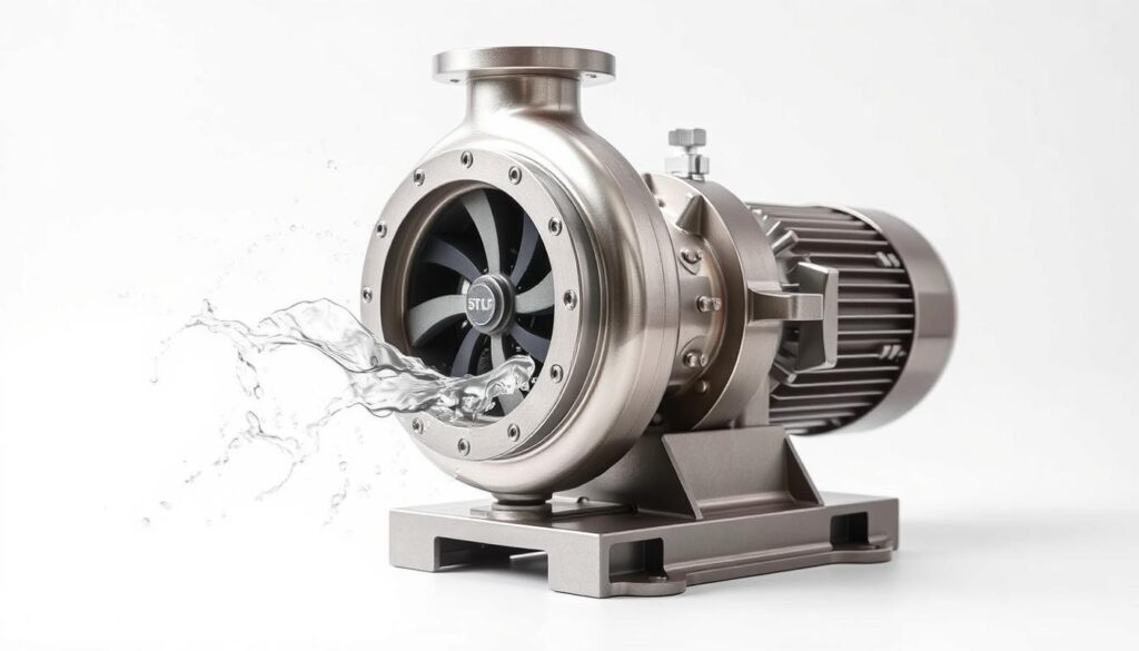 A well-designed centrifugal pump standing on a sturdy base, its metallic casing gleaming under bright studio lighting. The impeller within is visible, its intricate blades spinning rapidly to draw in water from the bottom intake and expel it forcefully through the discharge port. Flowing water can be seen swirling around the pump, illustrating its dynamic performance. The scene is set against a clean, minimalist background, allowing the pump's engineering and functionality to take center stage.