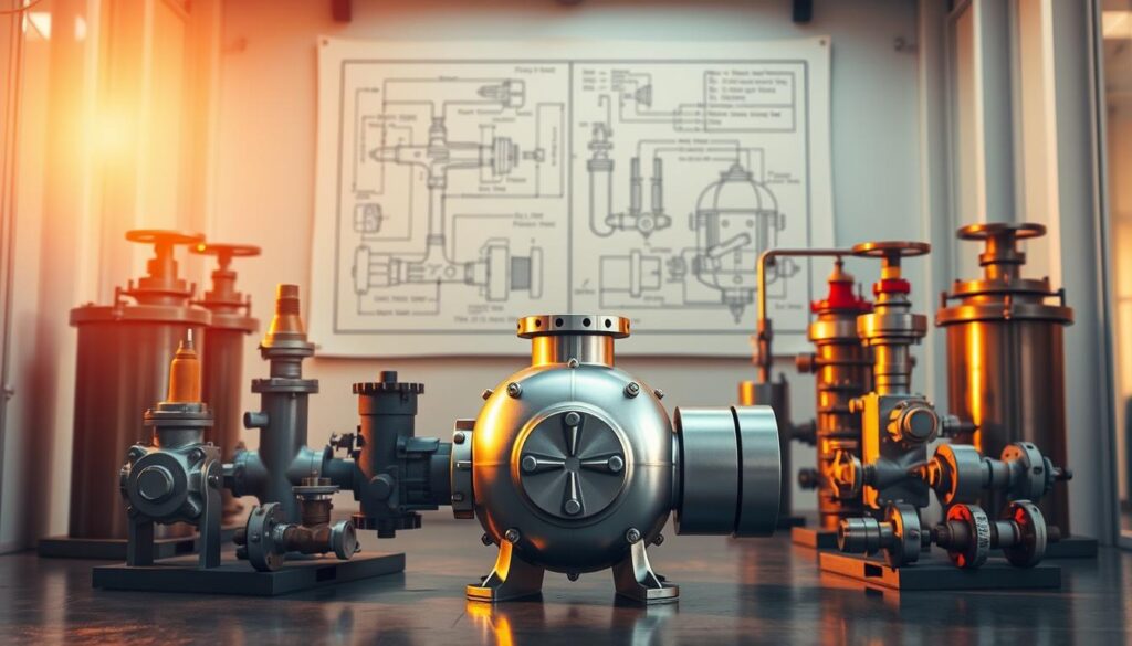 A well-designed hydropower pump sits prominently in the foreground, its metallic body gleaming under the warm, diffused lighting. The pump is surrounded by various hydropower components, including a pressure tank, valves, and fittings, arranged in a visually appealing, symmetrical layout. In the middle ground, a blueprint or technical diagram of the hydropower system provides technical context, while the background features a minimalist, clean interior space, emphasizing the precision and functionality of the equipment. The overall composition conveys a sense of engineering expertise, with a focus on the careful selection and arrangement of the hydropower components to ensure optimal performance and efficiency.