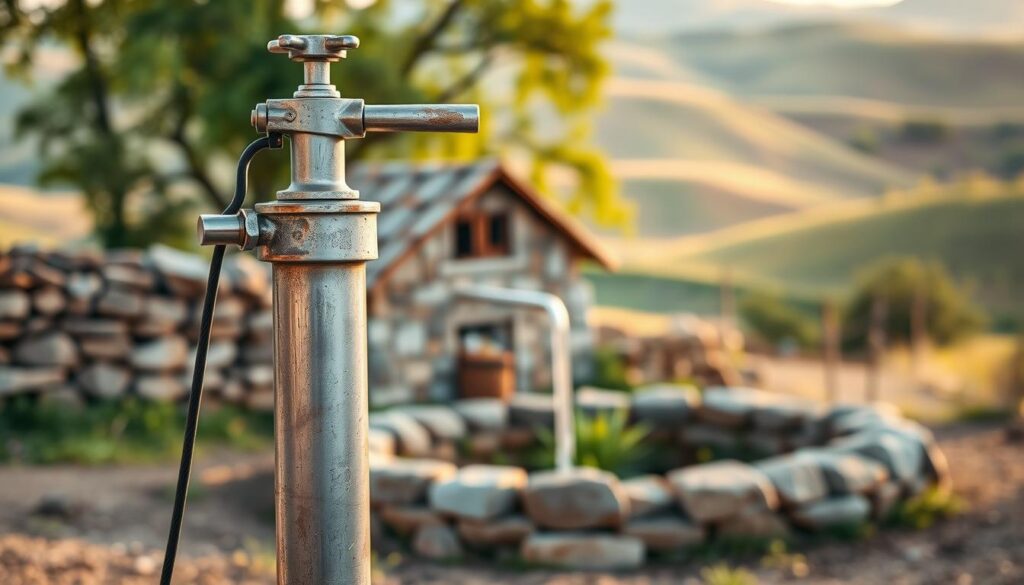 A well-maintained hand water pump standing firmly in the foreground, its metal components gleaming in the soft, natural lighting. In the middle ground, a traditional rural well, its stone walls weathered by time, surrounded by lush greenery. In the background, a rolling countryside landscape bathed in a warm, golden glow, conveying a sense of tranquility and self-sufficiency. The pump's sturdy design and user-friendly operation are the focal points, highlighting its reliability and suitability for remote, off-grid water access.