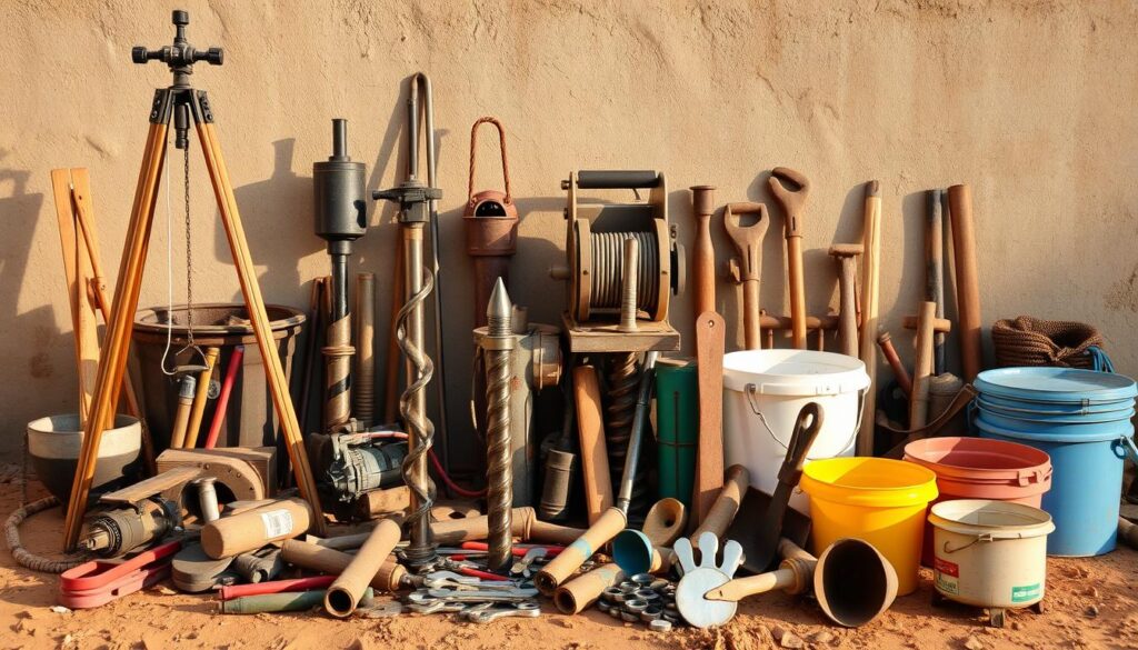 A well-organized array of tools used for well drilling operations, including a sturdy tripod, a rotary drill with various bits, a winch for lowering equipment, a water pump, and an assortment of hand tools like wrenches, shovels, and buckets. The scene is bathed in warm, natural lighting, with a slightly worn, utilitarian aesthetic to convey the practical nature of the tools. The background is a neutral, earthy tone, allowing the tools to be the focal point. The overall composition is balanced, with the tools arranged in a visually appealing manner, conveying the importance of these essential items in the process of constructing a reliable water well.