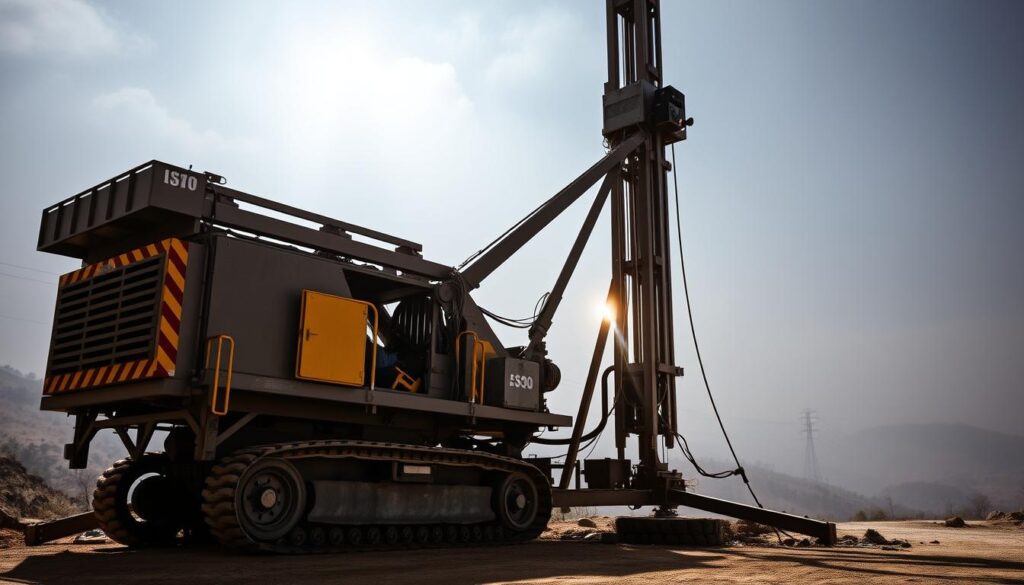 An industrial-grade well drilling machine stands tall and imposing, its powerful drill bit and hydraulic arm poised to bore deep into the earth. The sturdy frame and heavy-duty treads suggest its ability to navigate rugged terrain, while the sleek, utilitarian design conveys a sense of efficient functionality. Bright spotlights illuminate the worksite, casting sharp shadows and creating a dramatic, high-contrast scene. The background is filled with a hazy, atmospheric landscape, hinting at the remote, off-grid environments where such machinery is often deployed. The overall impression is one of raw power and technological prowess, perfectly suited to the task of extracting precious groundwater resources.