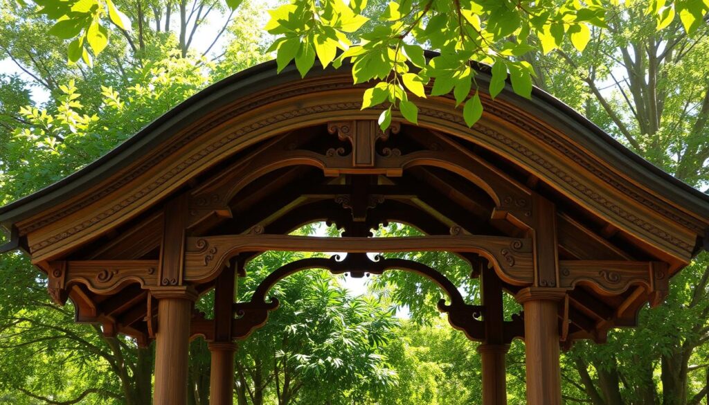 An ornate wooden well canopy, its graceful curved roof supported by sturdy pillars, stands majestically against a backdrop of lush, verdant foliage. Sunlight filters through the leaves, casting a warm, natural glow over the scene. The well canopy's design features intricate carvings and details, reflecting the skilled craftsmanship of its creators. The structure appears weathered yet sturdy, blending seamlessly with the rural, rustic setting. A sense of timeless charm and functionality permeates the image, inviting the viewer to imagine the history and stories that have unfolded beneath this well-worn yet beloved architectural feature.